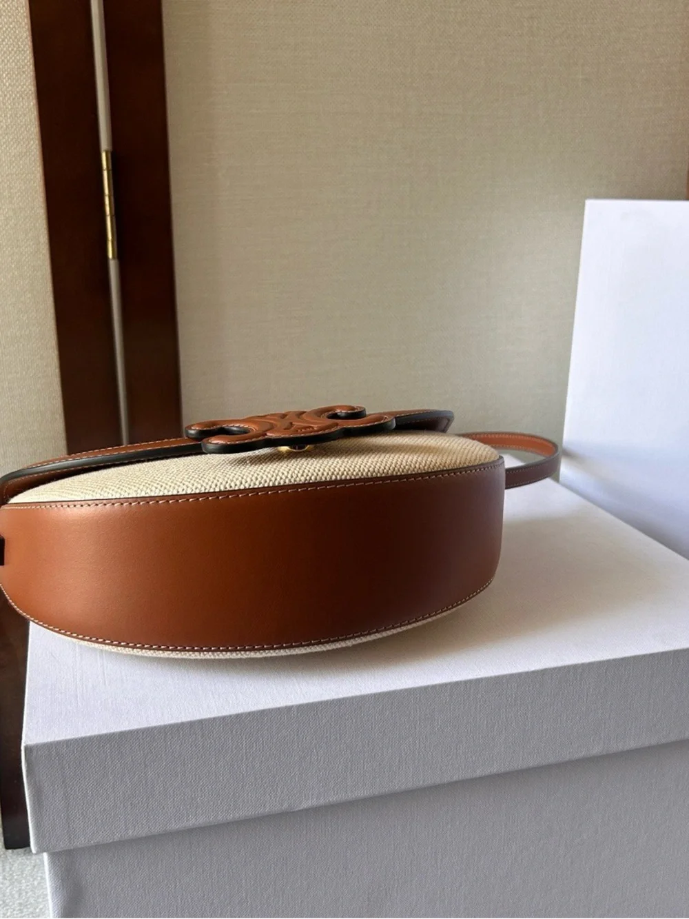 Celine Cream Canvas Crescent Crossbody with Brown Leather Trim